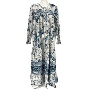 Zara Prairie Cottagecore Boho Maxi Dress Large Blue Floral Long Sleeve Peasant